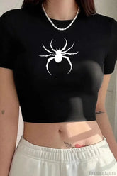 Gothic Spider Print Cropped T-Shirt Black / S