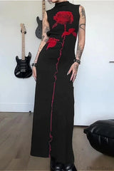 Halloween Gothic Rose Print Backless Long Dress Black / S