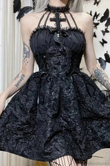 Halloween Gothic Spaghetti Strap Dress Black / S