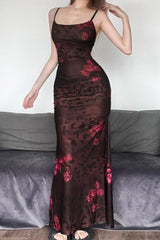 Halloween Retro Floral Print Split Bodycon Dress Brown / S