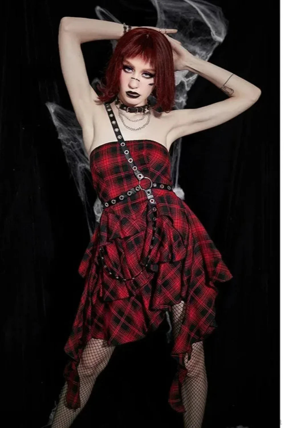 Halloween Sexy Red Black Plaid One Shoulder Dress Red / S