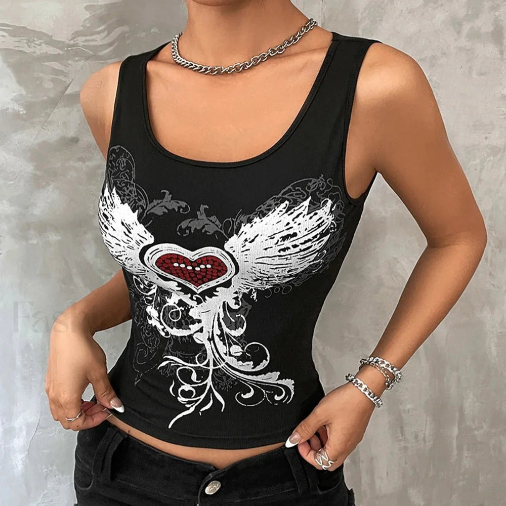 Heart & Wings Gothic Fairy Dark Printed Grunge Crop Top Black / S