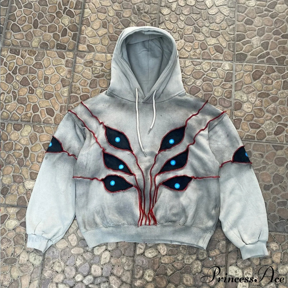 Hip-Hop Topstitch Eye Applique Hoodie Grey / S