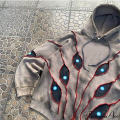 Hip-Hop Topstitch Eye Applique Hoodie Khaki / S