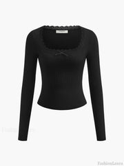 Lace Trim Long Sleeve Crop Top T Shirts