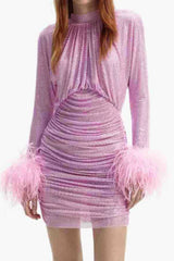 Long Sleeve Stylish Embellished Ruched Dress