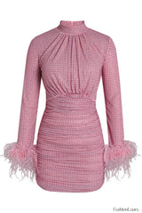 Long Sleeve Stylish Embellished Ruched Dress S / Pink