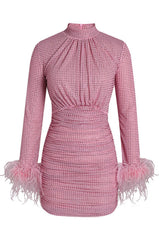 Long Sleeve Stylish Embellished Ruched Dress S / Pink