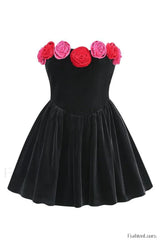 Macrouli Floral Velvet Charming Off Shoulder Mini Dress XS / Black