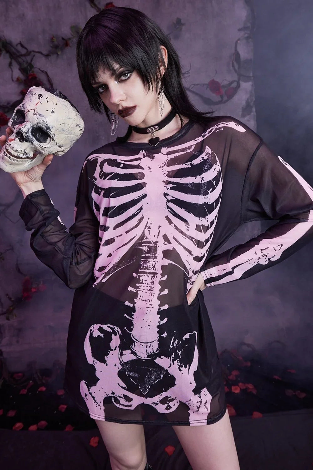 Mesh Skeleton Print Gothic T-Shirt Pink / S