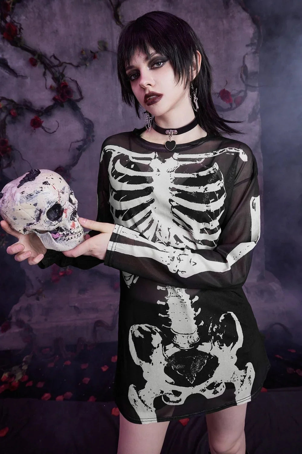 Mesh Skeleton Print Gothic T-Shirt White / S