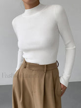 Mock Neck Rib Long Sleeve Knit Top White / XS Knit Tops