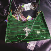 Punk Gothic Y2k Street Cross Chains Crocodile Pattern Green Underarm Bag