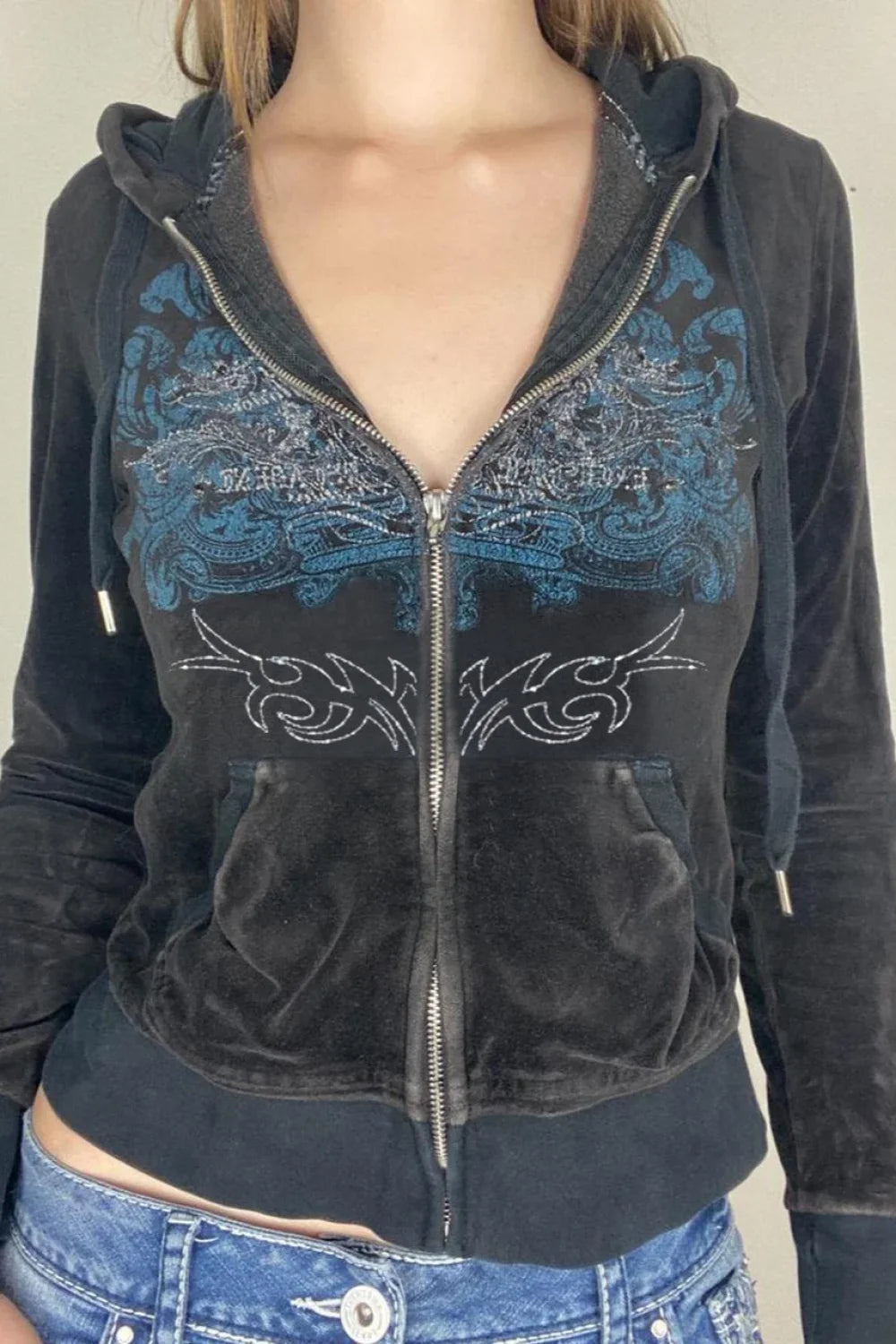 Rhinestone Print Zipper Hoodie Black / S