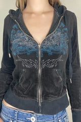 Rhinestone Print Zipper Hoodie Black / S
