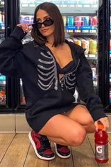 Rhinestone Skeleton Zip Up Hoodie