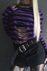 Street Style Ripped Stripe T-Shirt Purple / S