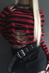 Street Style Ripped Stripe T-Shirt Red / S