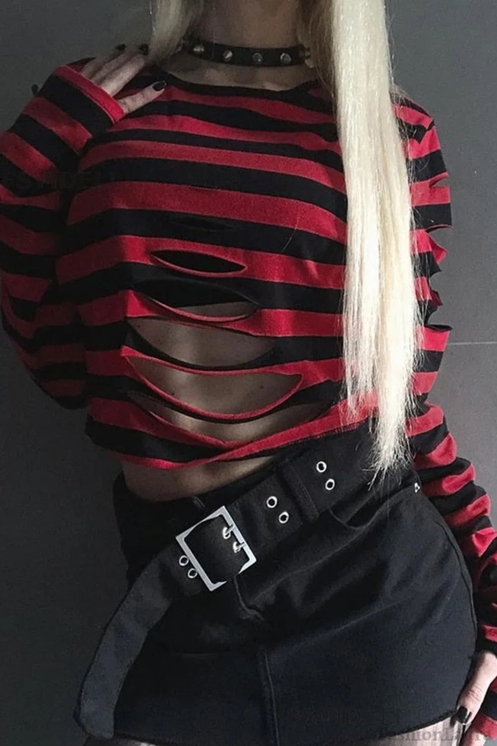 Street Style Ripped Stripe T-Shirt Red / S