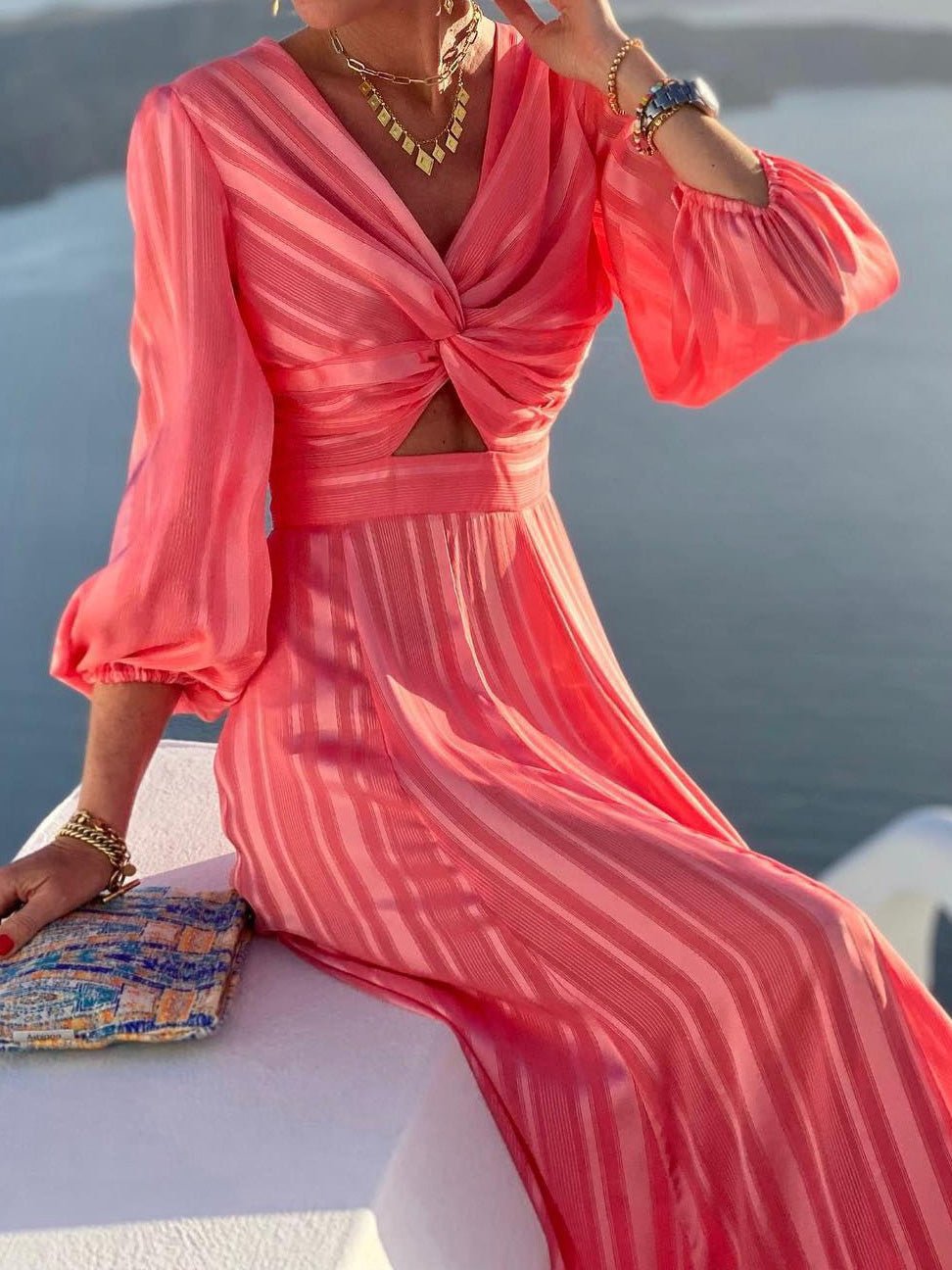 Striped Print Puff Sleeve Dress