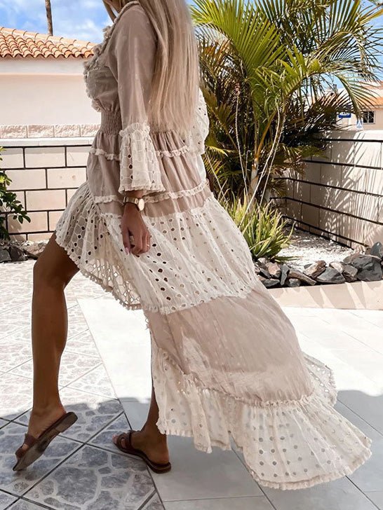 V-Neck Lace Ruffle Irregular Dress
