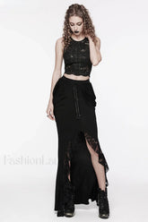 Women’s Knitted Fabric and Lace Half Hip Side Pleats Designed Slim Sexy Long Skirt BLACK / S