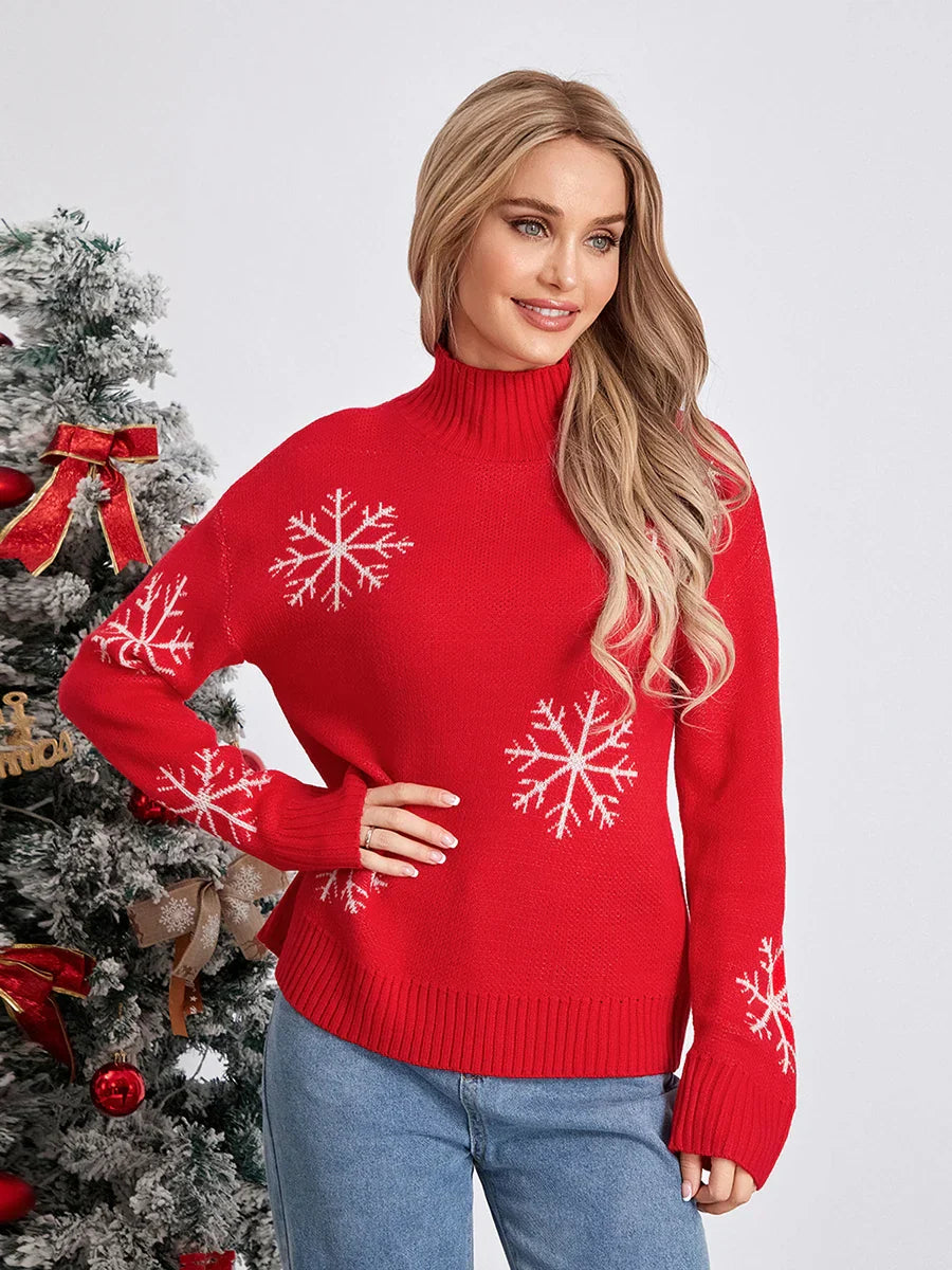 Jacquard Snowflake Long Sleeve Turtleneck Loose Knit Christmas Sweater Sweaters-L