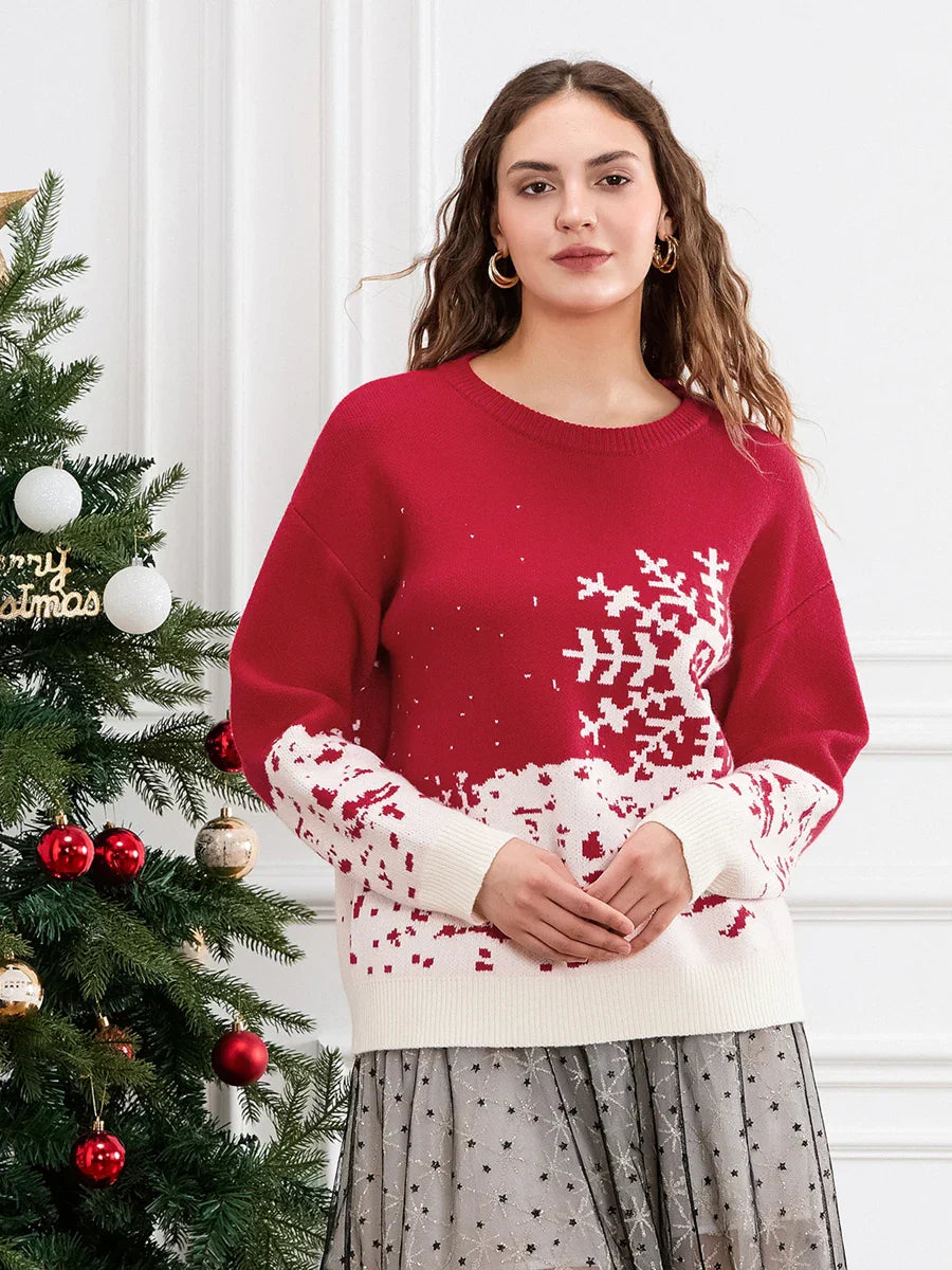 Classic Snowflake Christmas Tree Print Crew Neck Warm Pullover Sweater White / S Sweaters-L