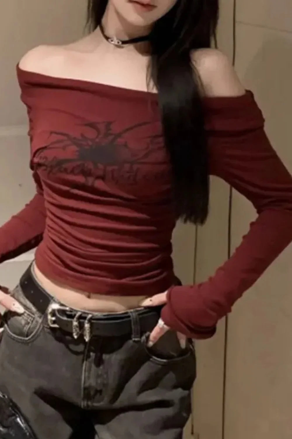 Y2K Off Shoulder Gothic T-Shirt Red / S