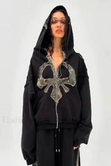 Y2K Street Style Drawstring Patch Hoodie Black / S