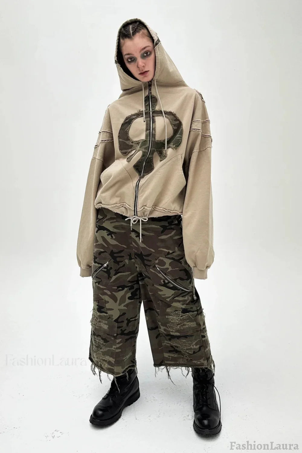 Y2K Street Style Drawstring Patch Hoodie Khaki / S