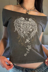 Y2K Wing Graphic Off-Shoulder T-Shirt