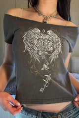 Y2K Wing Graphic Off-Shoulder T-Shirt