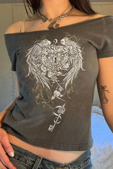 Y2K Wing Graphic Off-Shoulder T-Shirt Grey / S