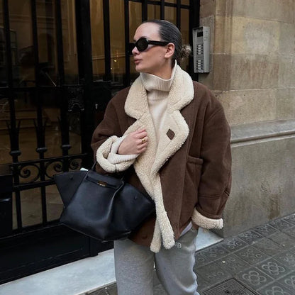 Fashion Lamb Woolen Spliced Warm Coat For Women Vintage Side Buttons Lapel Full Sleeve Jackets Lady Autumn Winter Thick Outwear