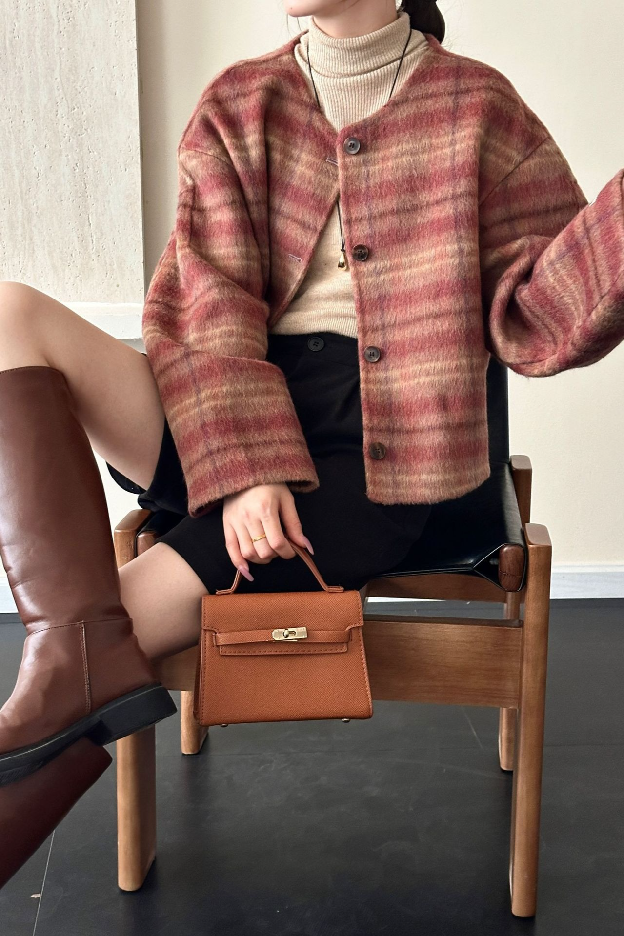 Plaid Crew Neck Single Breasted Drop Shoulder Wool Christmas Outerwear