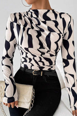 Abstract Wave Print Mock Neck Top