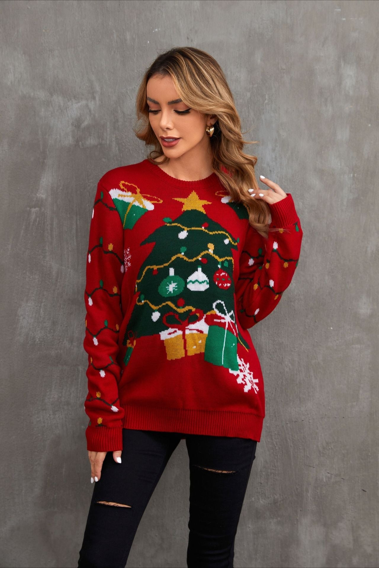 Christmas Cozy Color Block Xmas Tree Print Sweater