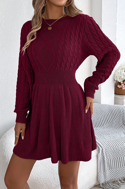 Solid Round Neck Chunk Cable Waisted Knit Mini Dress