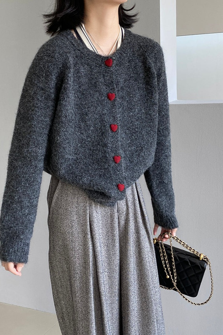 Oversized Heart Button Round Neck Christmas Cardigan