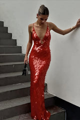 V Neck Sequin Spaghetti Strap Maxi Dress