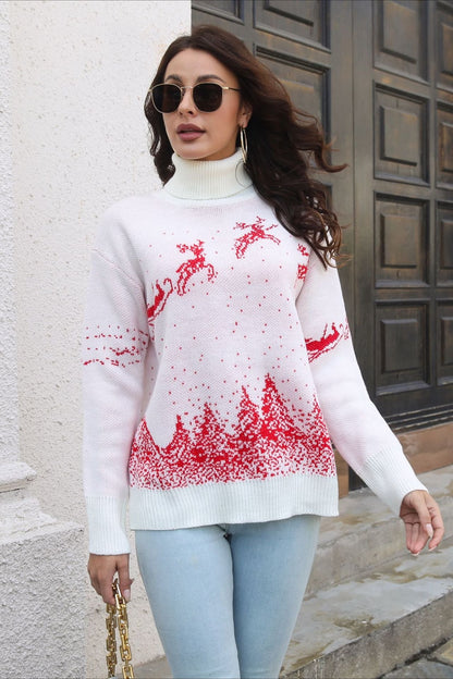 Christmas Cozy Color Block Snowflake Print Sweater