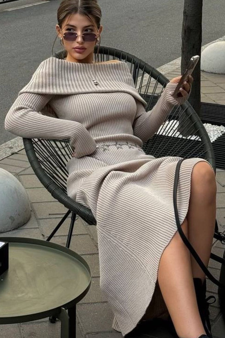 Long Sleeve Cotton Knit Bardot Collared Off Shoulder Sweater Dress