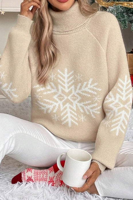Solid Color Turtleneck Christmas Snowflake Print Sweater