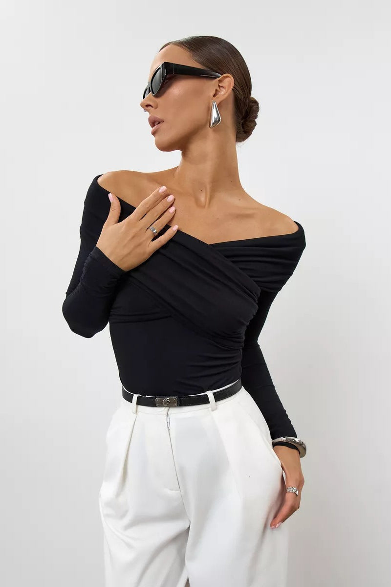 Ruched Cross Slim Bare-Shoulder Long Sleeve Tee