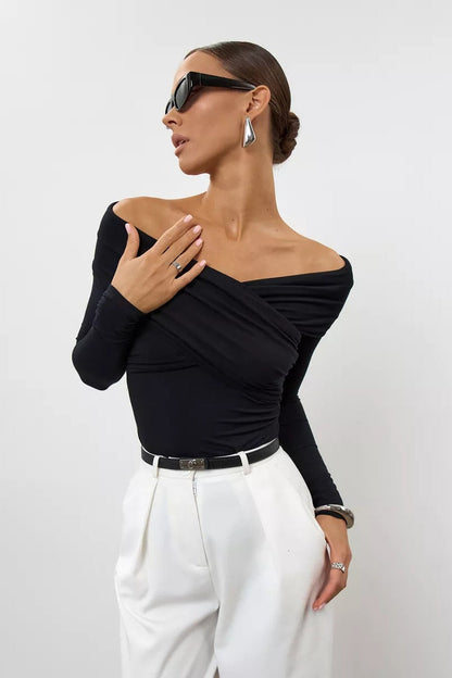 Ruched Cross Slim Bare-Shoulder Long Sleeve Tee