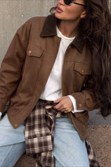 Contrast Collar Chest Pocket Zip Front Coat