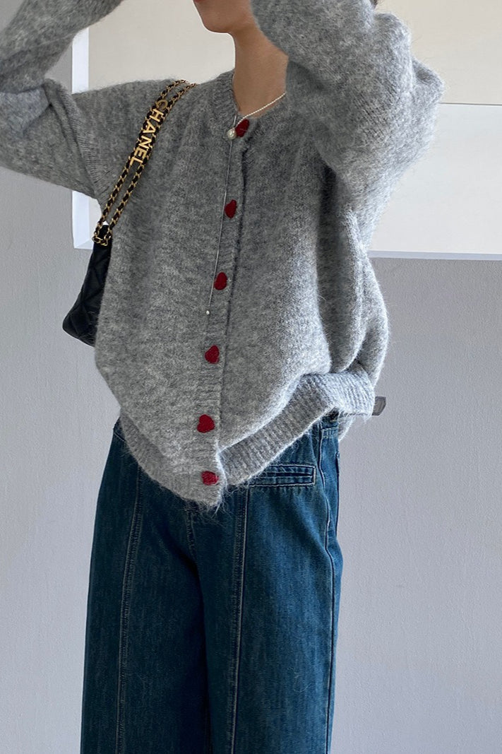 Oversized Heart Button Round Neck Christmas Cardigan