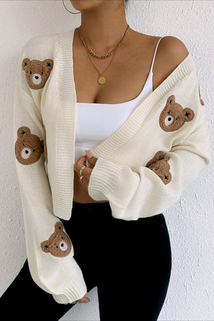 Bear Embroidery Short Christmas Cardigan