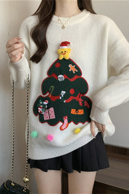 Christmas 3D Pom Pom Christmas Tree Print Sweater